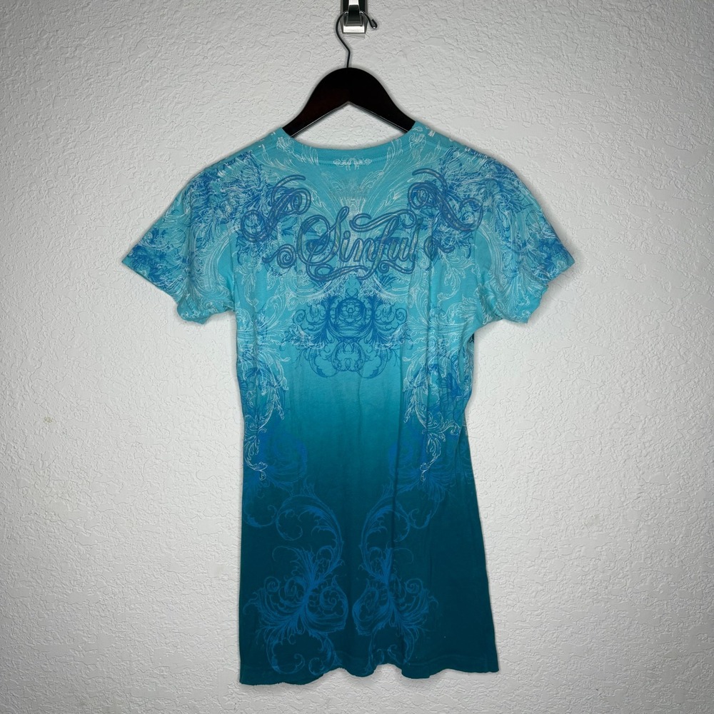 Sinful Blue Ombre Y2K Graphic Winged Heart T-Shirt Large